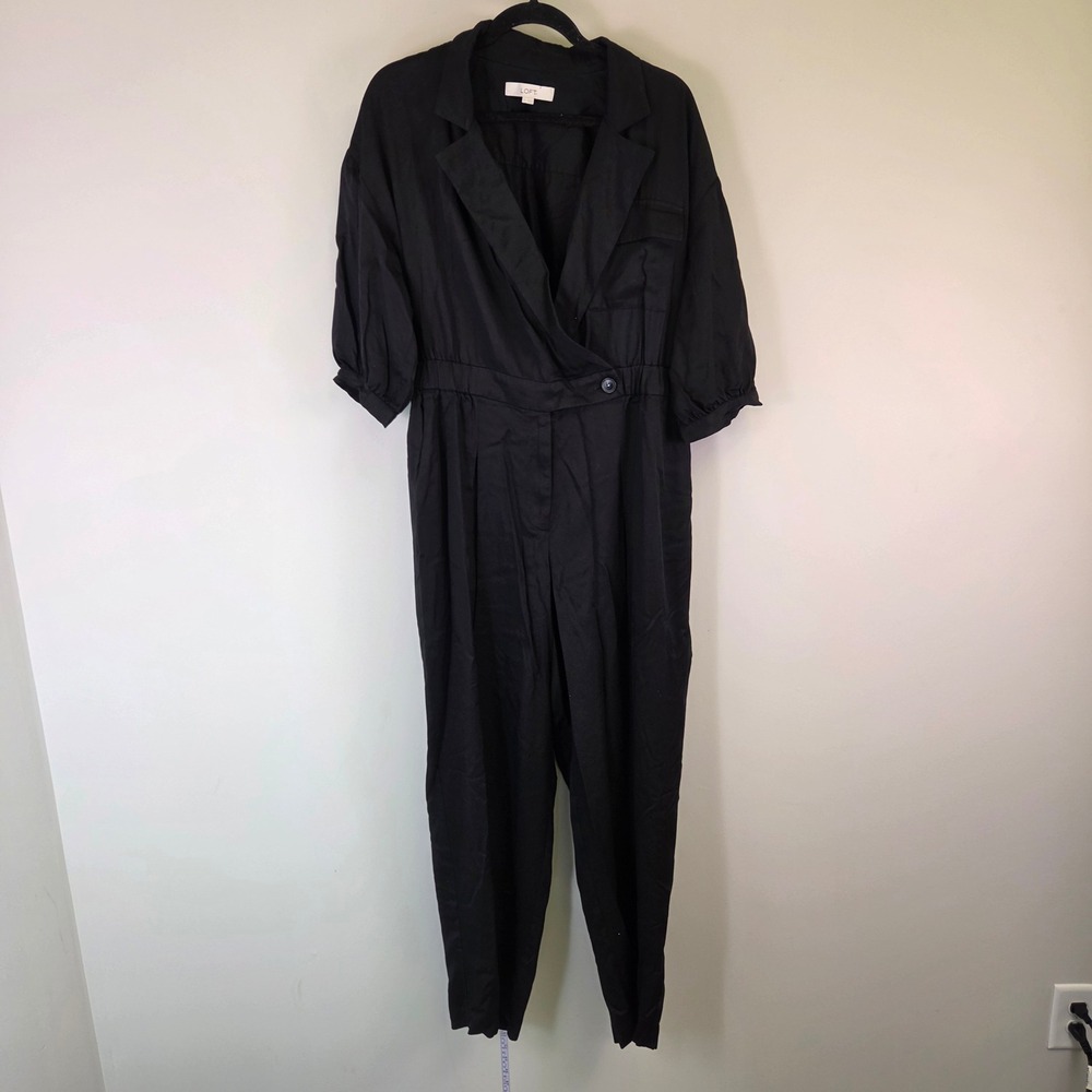 Loft Black Short Sleeve Notch Lapel Wrap Front Jumpsuit Size 12